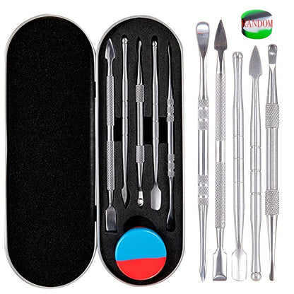 6 In 1 Smoking Oil Wax Spoon Tools Accessories Set With 1 Silicone Box, Stainless Steel Pipe-Oil Spoon Cigarette Cream Spoons Smoke Tools Cigarettes Digging Oils Cleaning Tool For Man Father's Day Gift