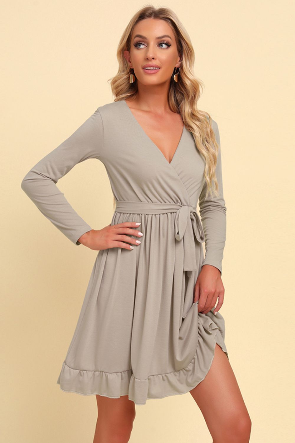 Long Sleeve Tie Waist Ruffle Hem Dress