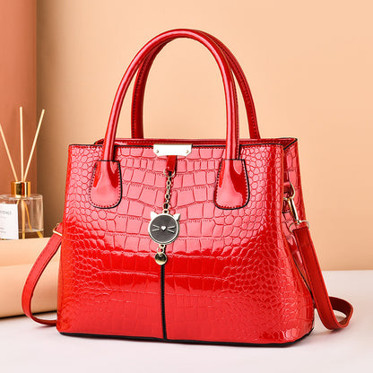 Stylish Crocodile Embossed Handbag - PU Leather Patent Shoulder Bag with Metal Decor and Double Handle for Women