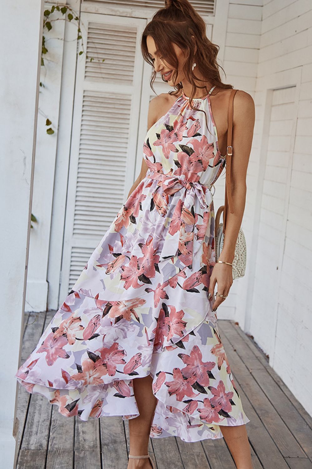 Floral Tie Belt Sleeveless Dress