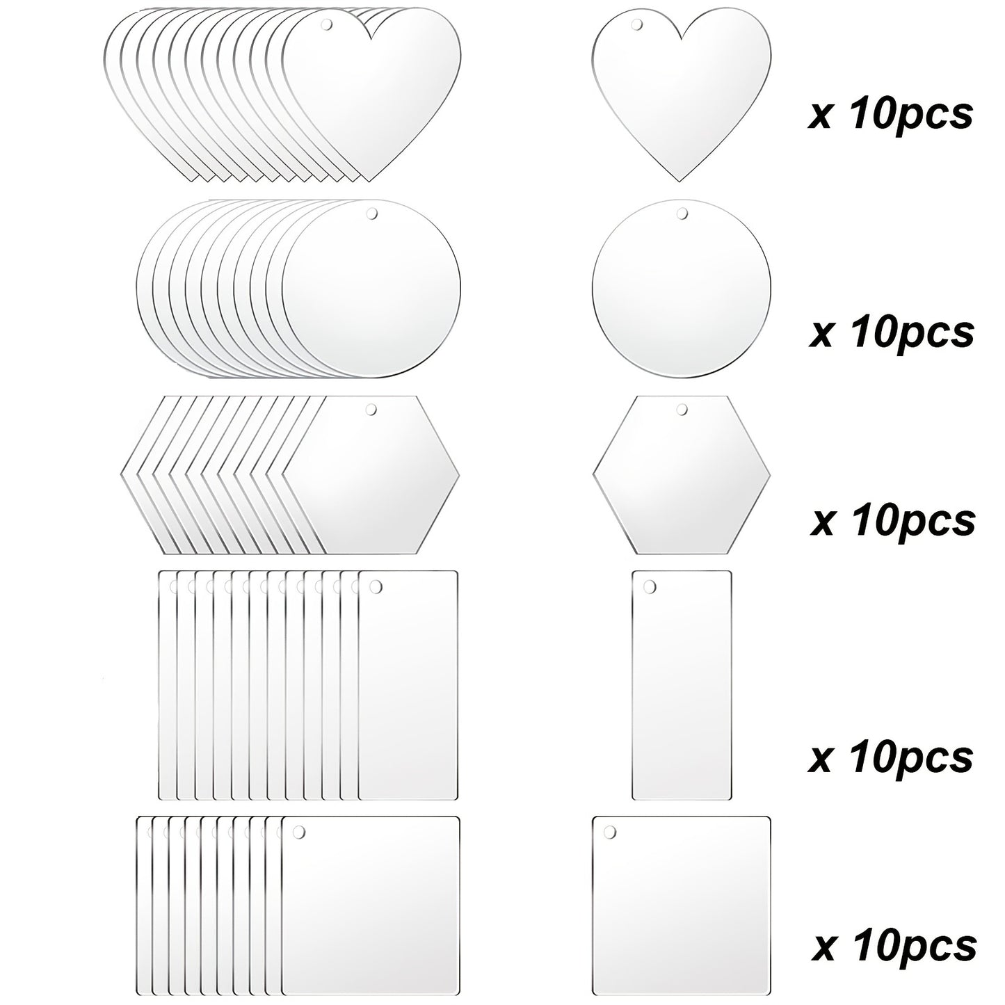 50pcs Acrylic Keychain Blanks: Round, Heart, Square, Rectangle & Hexagon Shapes - Perfect for DIY Crafts & Handmade Projects!