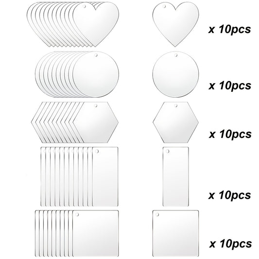 50pcs Acrylic Keychain Blanks: Round, Heart, Square, Rectangle & Hexagon Shapes - Perfect for DIY Crafts & Handmade Projects!