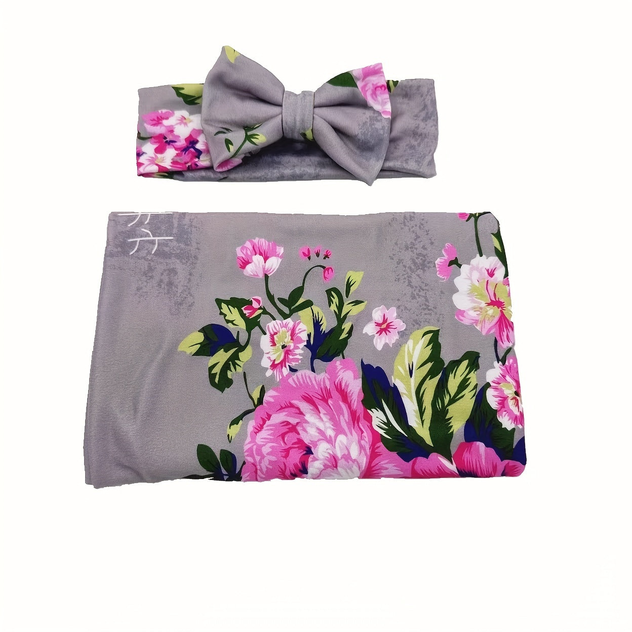 2pcs Flower Print Baby Receiving Blanket and Headband Set - Soft and Cozy Swaddle for Newborns