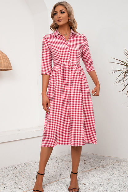 Plaid Collared Neck Midi Dress