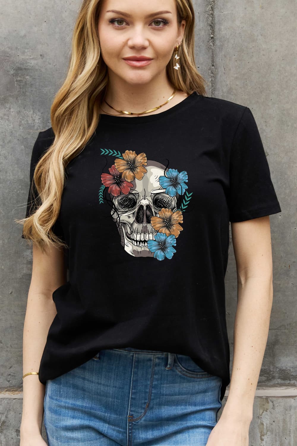 Simply Love Full Size Flower Skull Graphic Cotton Tee