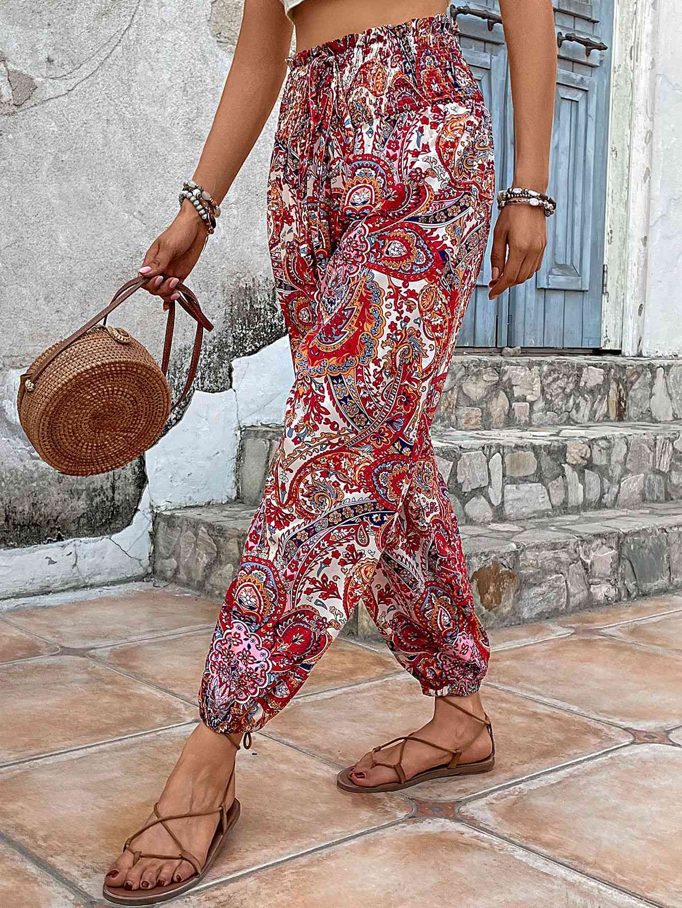 Paisley Print Smocked High-Waist Pants