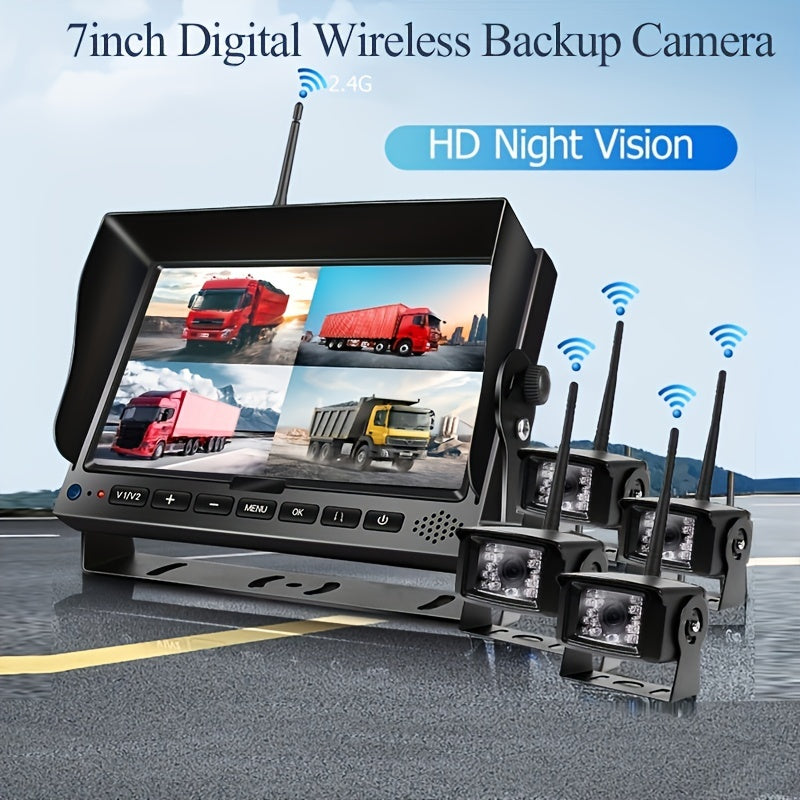 4CH Wireless Backup Camera System: 2.4G Digital Reversing Aid with 256GB Quad Screen for RV/SUV/Van/Truck/Trailer - Rear/Side/Front View Switchable