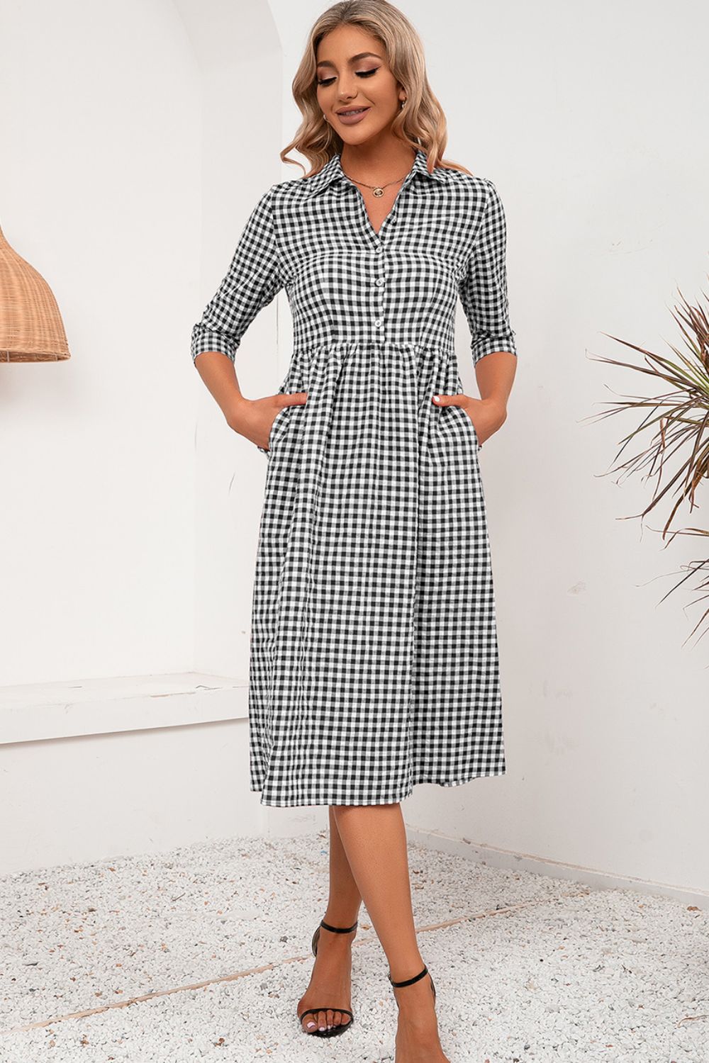 Plaid Collared Neck Midi Dress