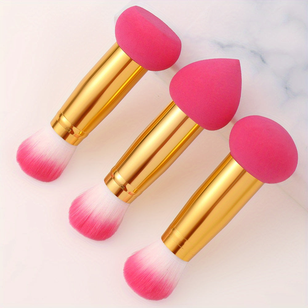 3pcs Foundation Blending Face Brushes With Two Heads Professional Soft Makeup Sponge Fluffy Blusher Brush For Women Beauty, Purple