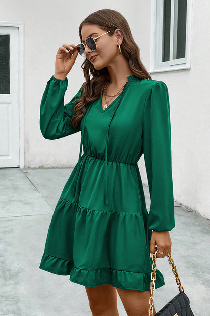 V-Neck Tie Neck Long Sleeve Dress