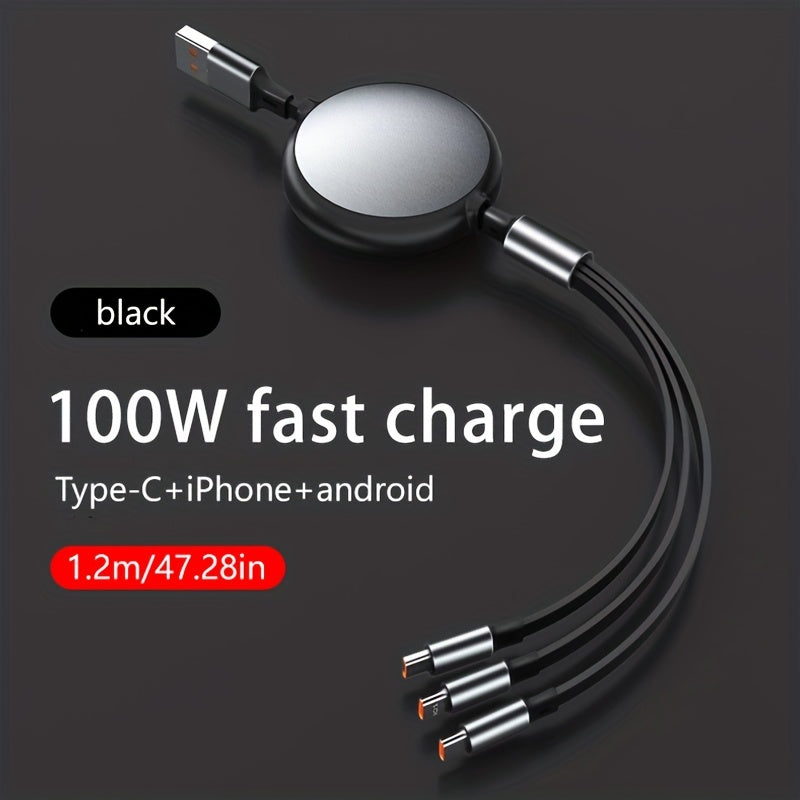 100W Super Fast Charge 3-in-1 Retractable Charging Cable for Apple, Android, and Type-C - Multifunctional Mobile Phone and Electronic Accessories Charger