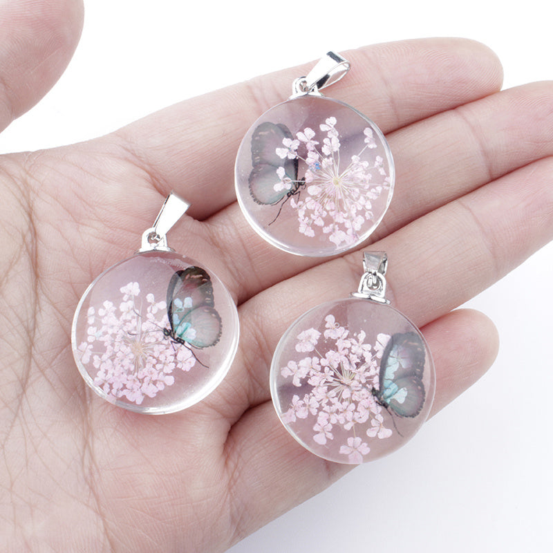 3pcs Clear Round Glass Dried Flower Pendant - Perfect for Butterfly Flower Necklace Making!