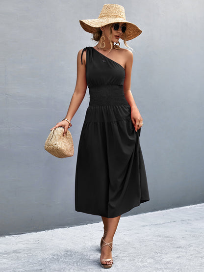 Asymmetrical One Shoulder Smocked Waist Midi Dress