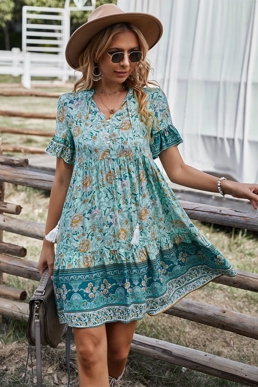 Printed Bohemian Style Tie Neck Flounce Sleeve Mini Dress