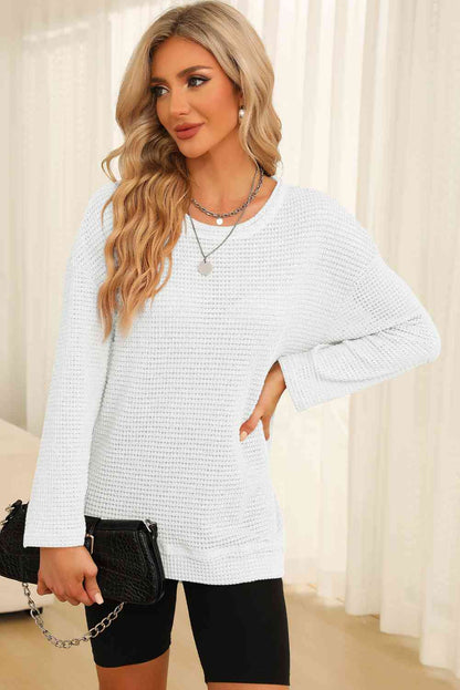 Waffle-Knit Round Neck Long Sleeve Sweatshirt