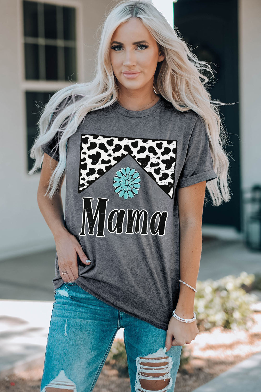 MAMA Graphic T-shirt à manches retroussées et col rond