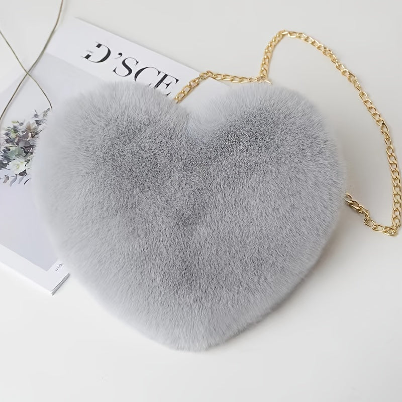 Valentine's Day Perfect: Heart-Shaped Fluffy Shoulder Bag with Chain Crossbody & Cute Zipper Purse