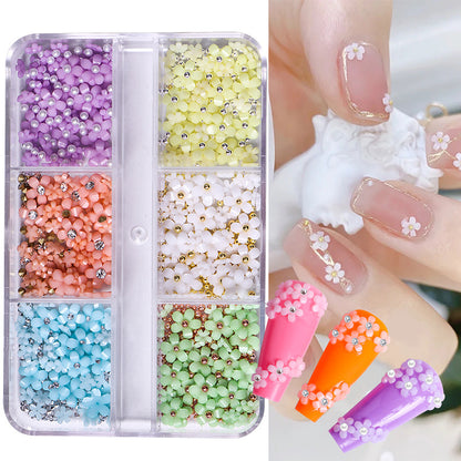 6-Grid Macaron Flower Nail Art Jewelry Set - Mix and Match for Stunning 3D Designs