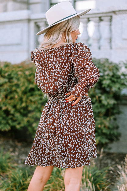 Printed Balloon Sleeve V-Neck Dress