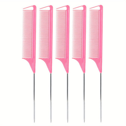 5pcs Professional Hair Styling Comb Set with Long Steel Pin Rat Tail Teasing Combs for Smooth and Controlled Styling