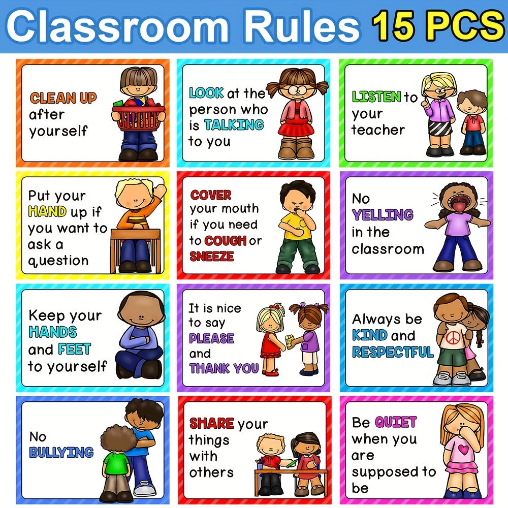 15pcs A4 Classroom Rules Educational Posters For Preschool, Home, Middle And High School Classroom Poster Decoration Big Size 11.69X8.27 Inch