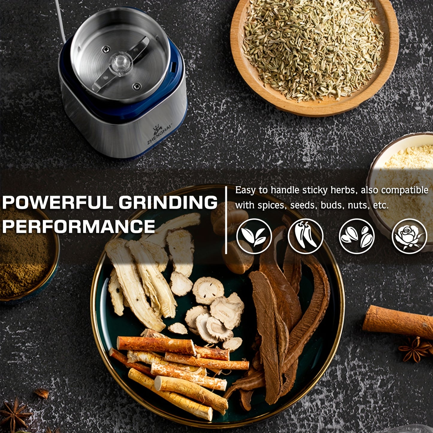 200W Electric Spice & Herb Grinder - Compact, Fast & Easy Grinding for Coffee Beans, Dry Spices & Herbs - Includes Pollen Catcher & Cleaning Brush!