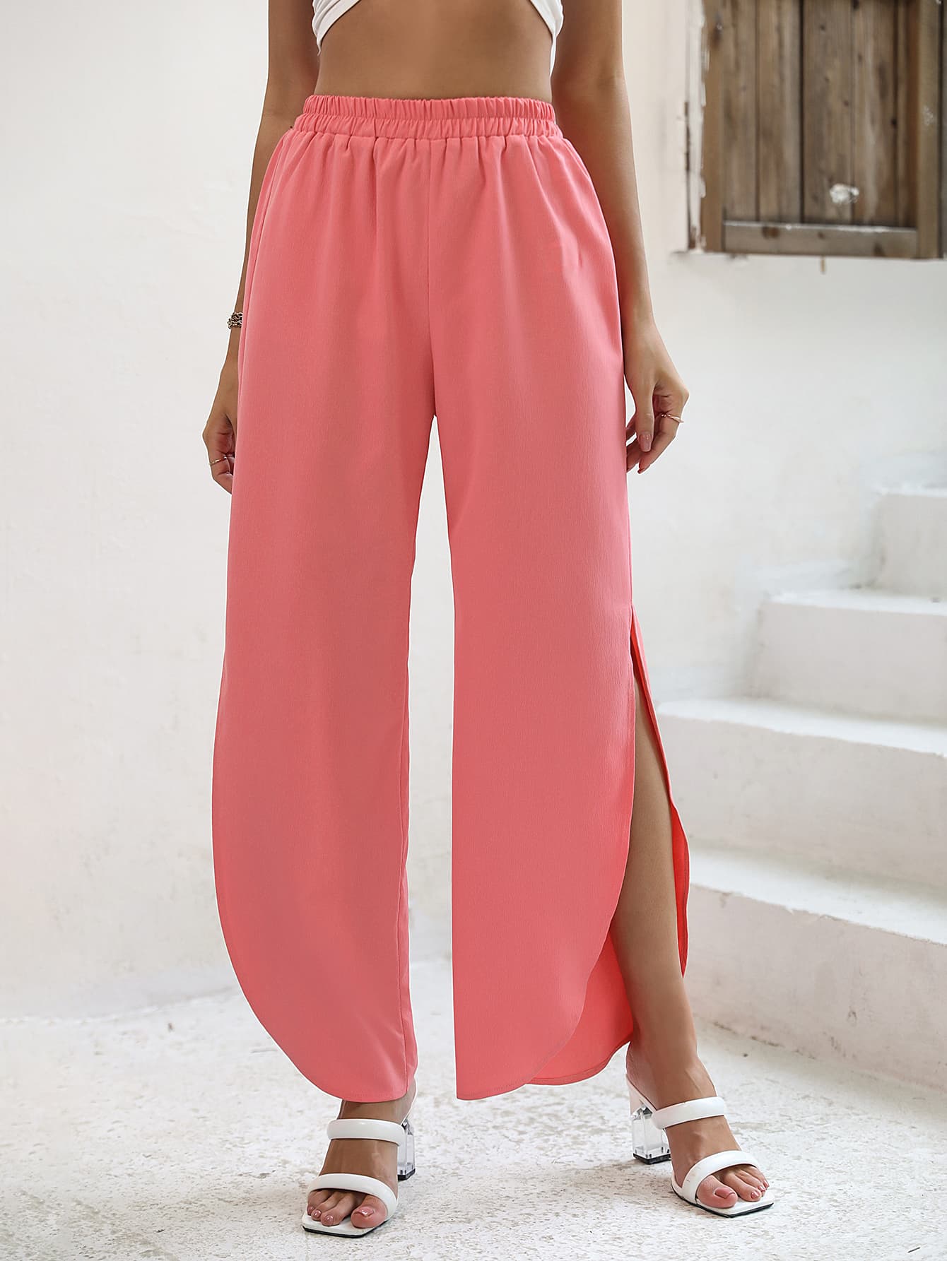 Elastic Waist Slit Wide Leg Pants