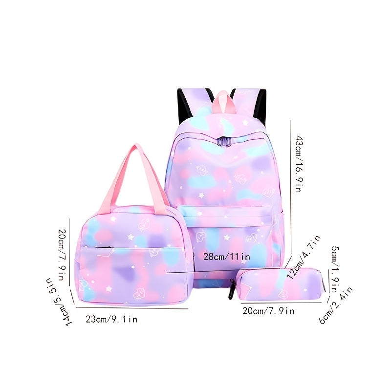 3Pcs Kawaii Backpack Set, Tie Dye Cartoon Pattern School Bag With Lunch Box Bag & Pencil Case