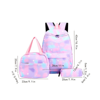 3Pcs Kawaii Backpack Set, Tie Dye Cartoon Pattern School Bag With Lunch Box Bag & Pencil Case