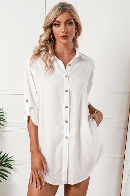 Solid Button Up Drop Shoulder Blouse