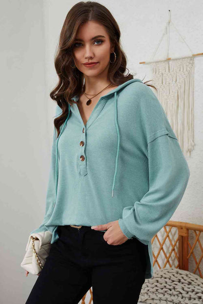 Full Size Buttoned Drop Shoulder High-Low Hoodie