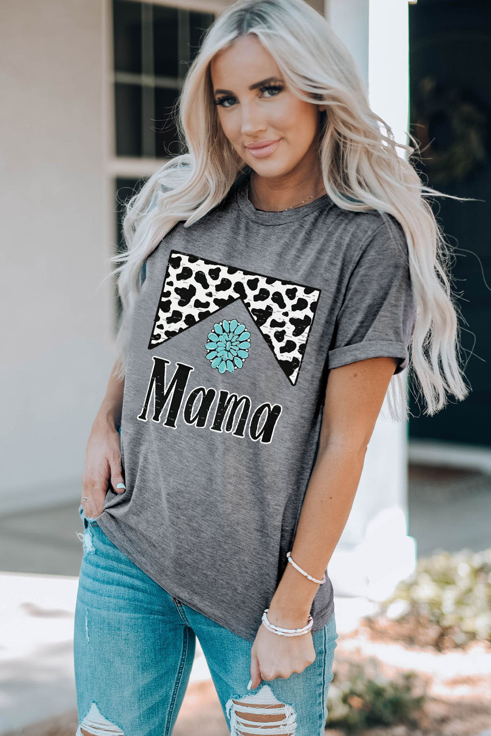 MAMA Graphic T-shirt à manches retroussées et col rond