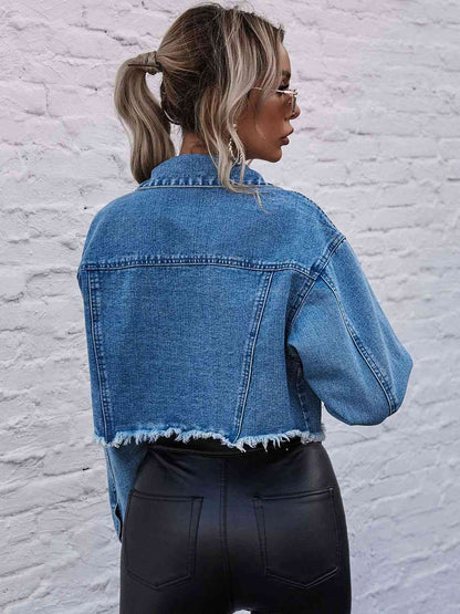 Cropped Collared Neck Raw Hem Denim Jacket