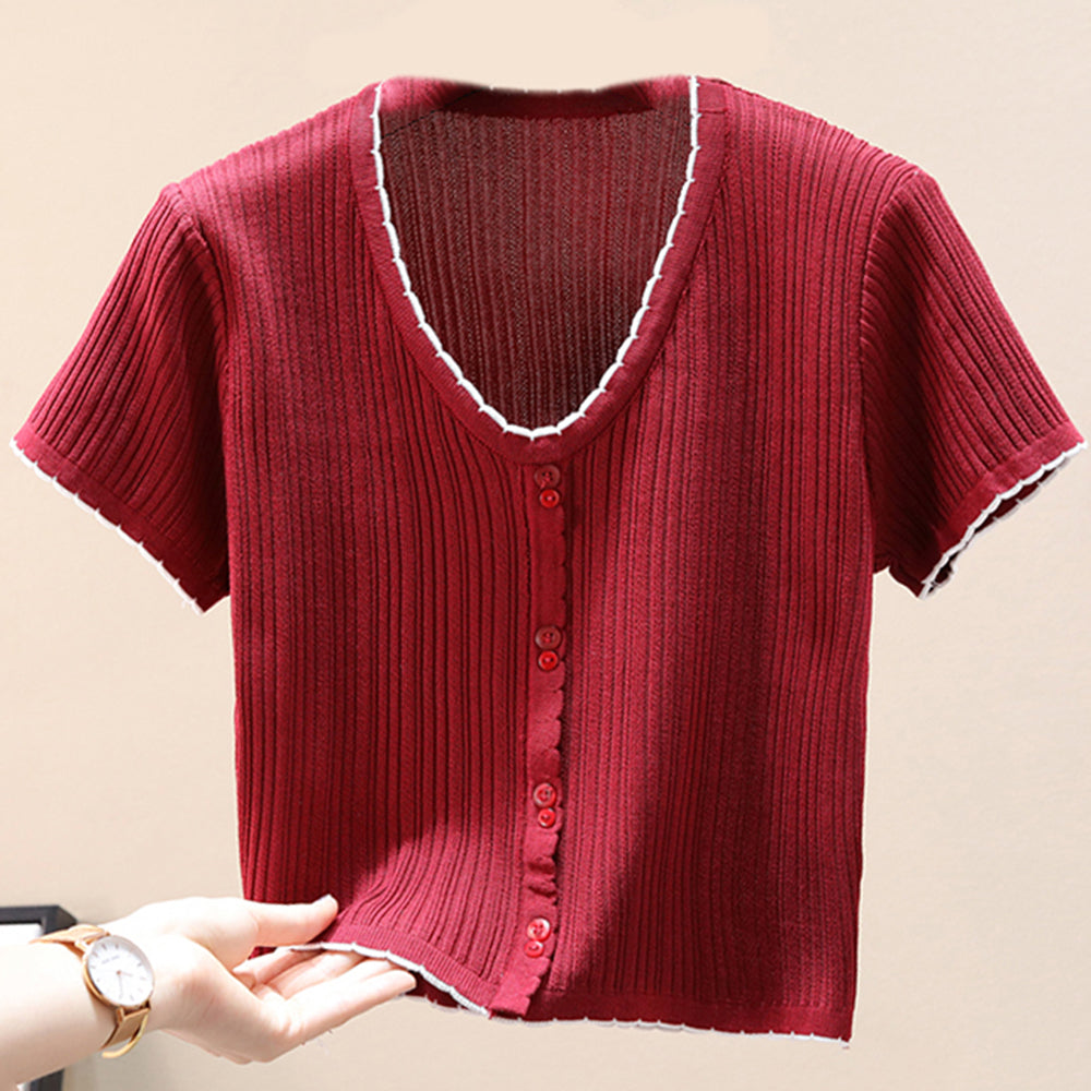 Contrast Decorative Button Short Sleeve Knit Top