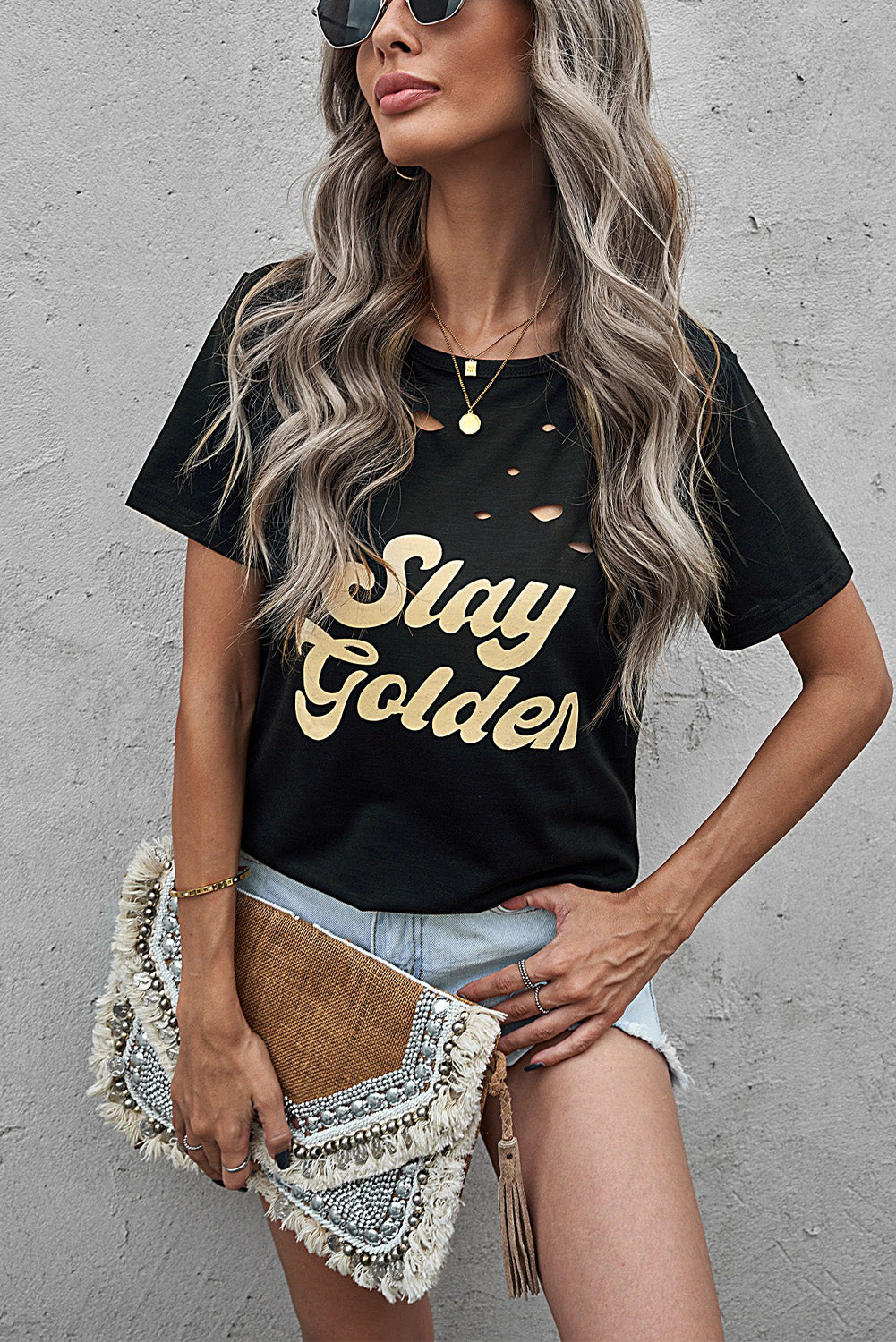 SLAY GOLDEN Distressed Round Neck Tee