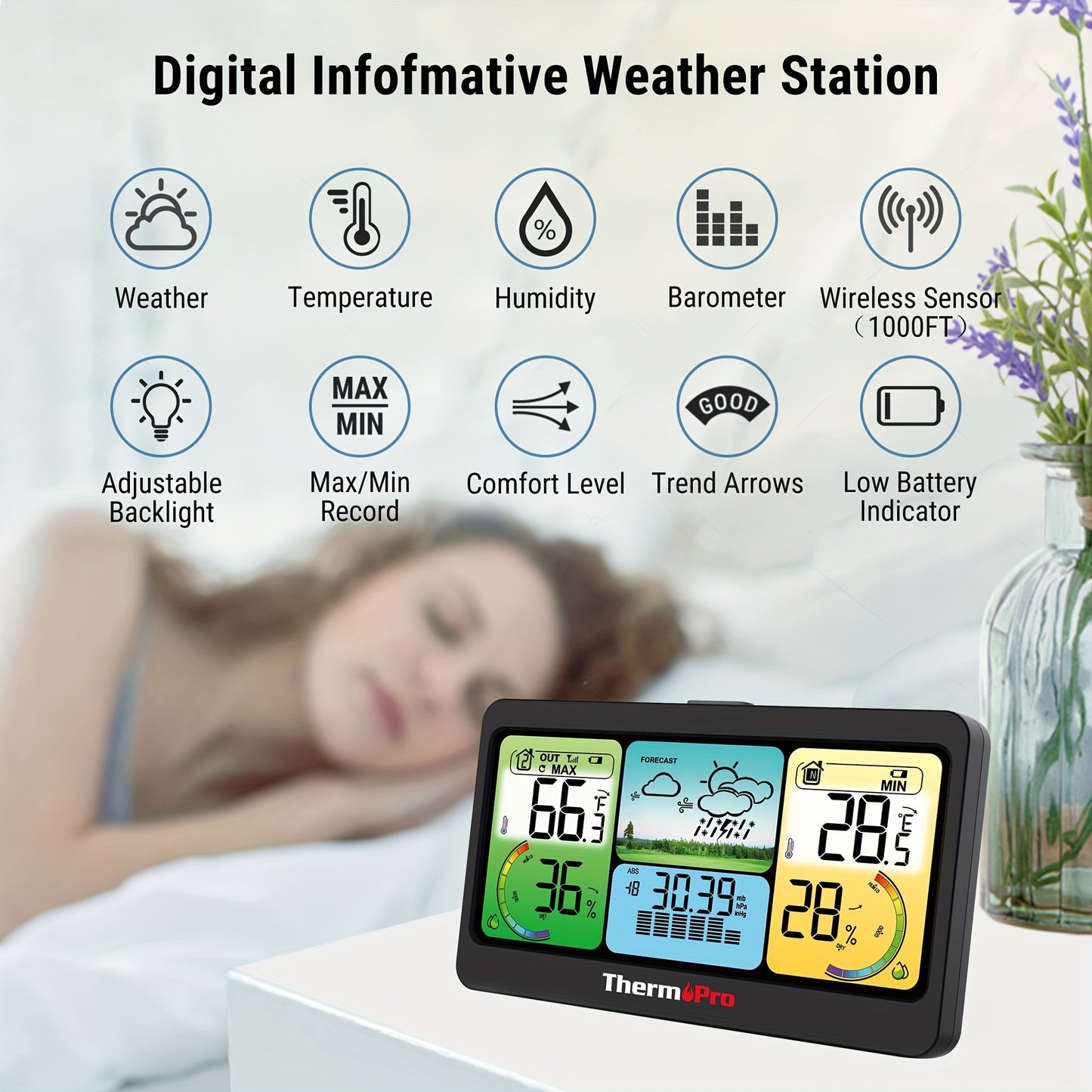 ThermoPro TP280B 1000FT Wireless Home Weather Station with Swiss Made Sensor - Indoor/Outdoor Thermometer, Sunny/Rain Meter, Forecast, Battery Included