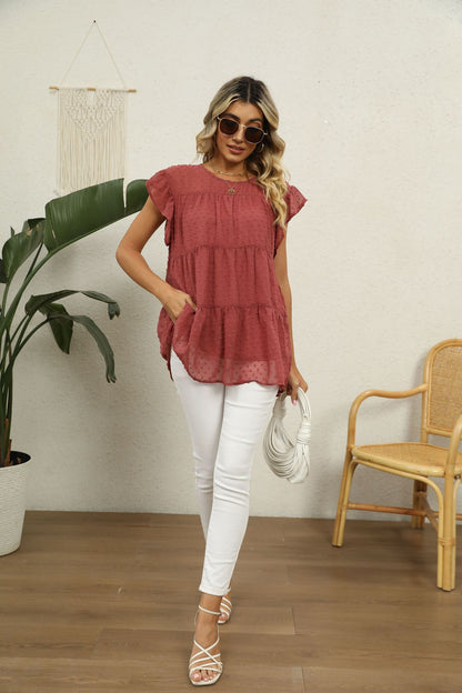 Swiss Dot Round Neck Tiered Blouse