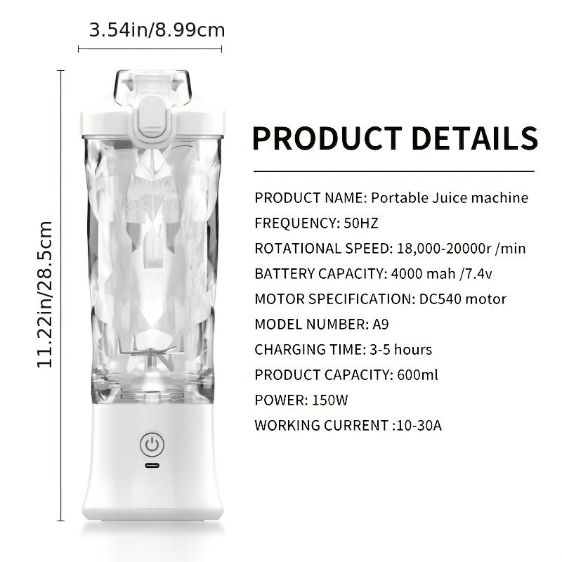 7.4V 600ml Portable Juicer Ice Crusher - Wireless, Large Capacity, Type-C Charging, Waterproof Juice Maker