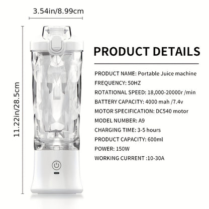 7.4V 600ml Portable Juicer Ice Crusher - Wireless, Large Capacity, Type-C Charging, Waterproof Juice Maker