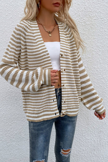 Striped V-Neck Button-Down Cardigan