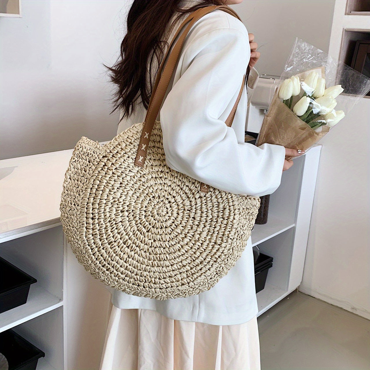 Woven Straw Round Handbags, Hollow Out Summer Beach Bag, Women's Large Capacity Shoulder Bag