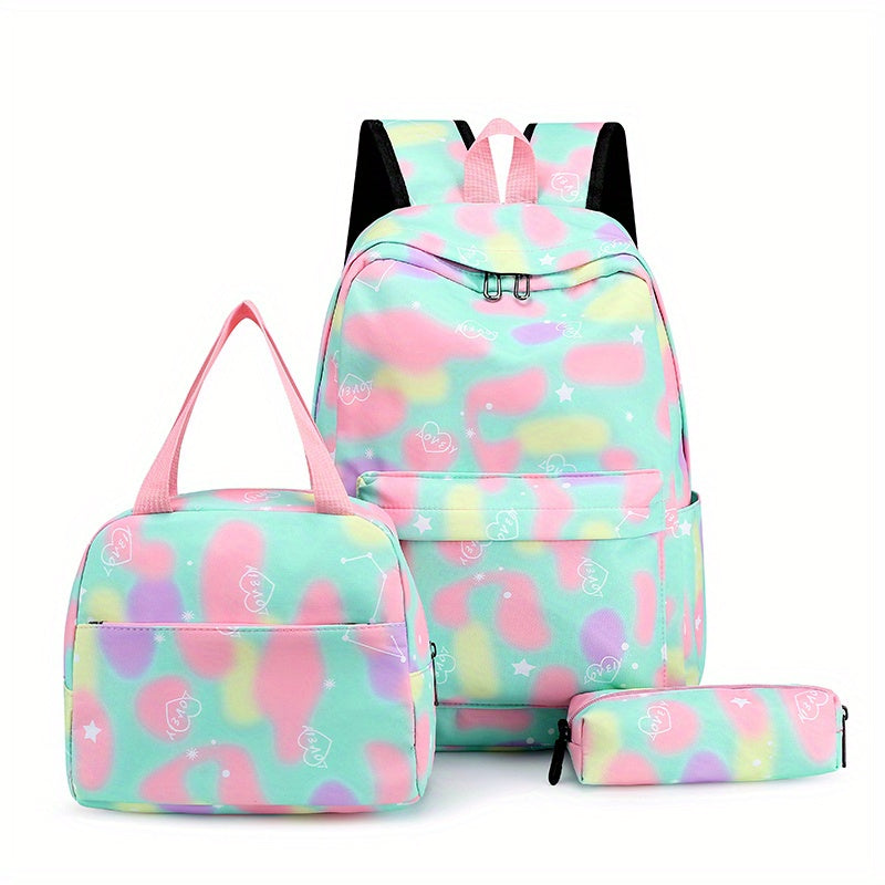 3Pcs Kawaii Backpack Set, Tie Dye Cartoon Pattern School Bag With Lunch Box Bag & Pencil Case