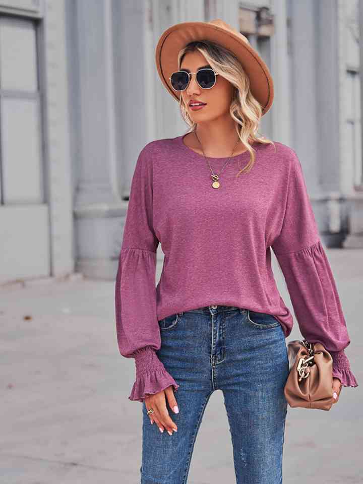 Round Neck Flounce Sleeve Blouse