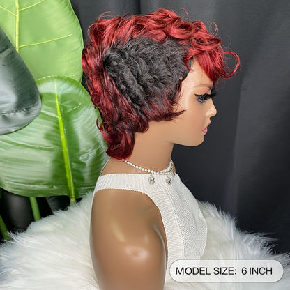 Perruque Bergundy Pixie Cut - Cheveux synthétiques courts avec coupe de cheveux Pixie en couches, frange latérale et style ondulé naturel - Sans colle et fabriquée à la machine - Parfaite pour les femmes qui veulent un look chic et sans effort 