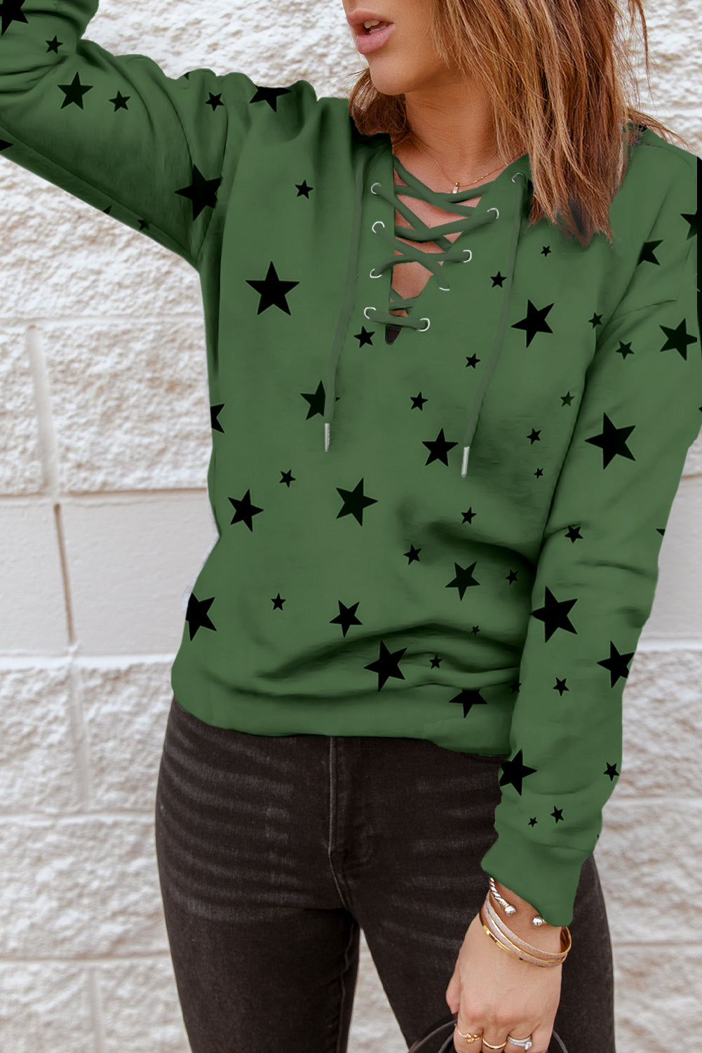 Star Pattern Lace-Up Hoodie