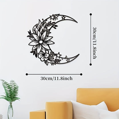 1pc 2 Styles To Choose From Moon Metal Flower Sign Art Decor Black Bohemian Big Flower Moon And Star Wall Sign Half Moon Flower Sculpture, Wall Decoration, Home Crafts, Celebration, Wedding, Creativ