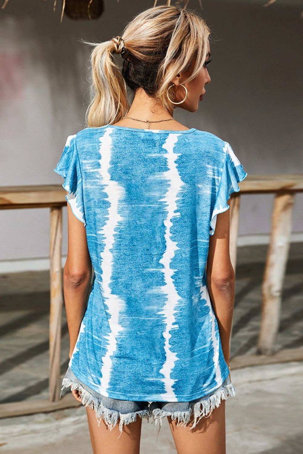 Tie-Dye Buttoned Flutter Sleeve Blouse