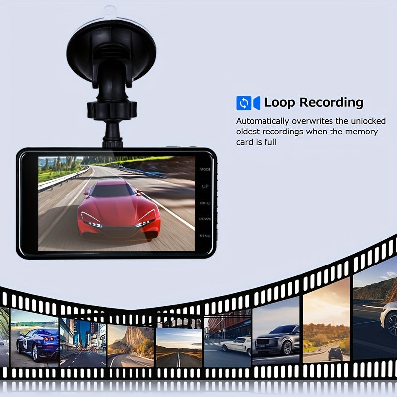 1080p Dual Camera Dash Cam with Waterproof Reverse Camera, 64GB Micro SD Card, 4 Inch Touch Screen, Night Vision, Motion Detection, Parking Surveillance, Loop Recording