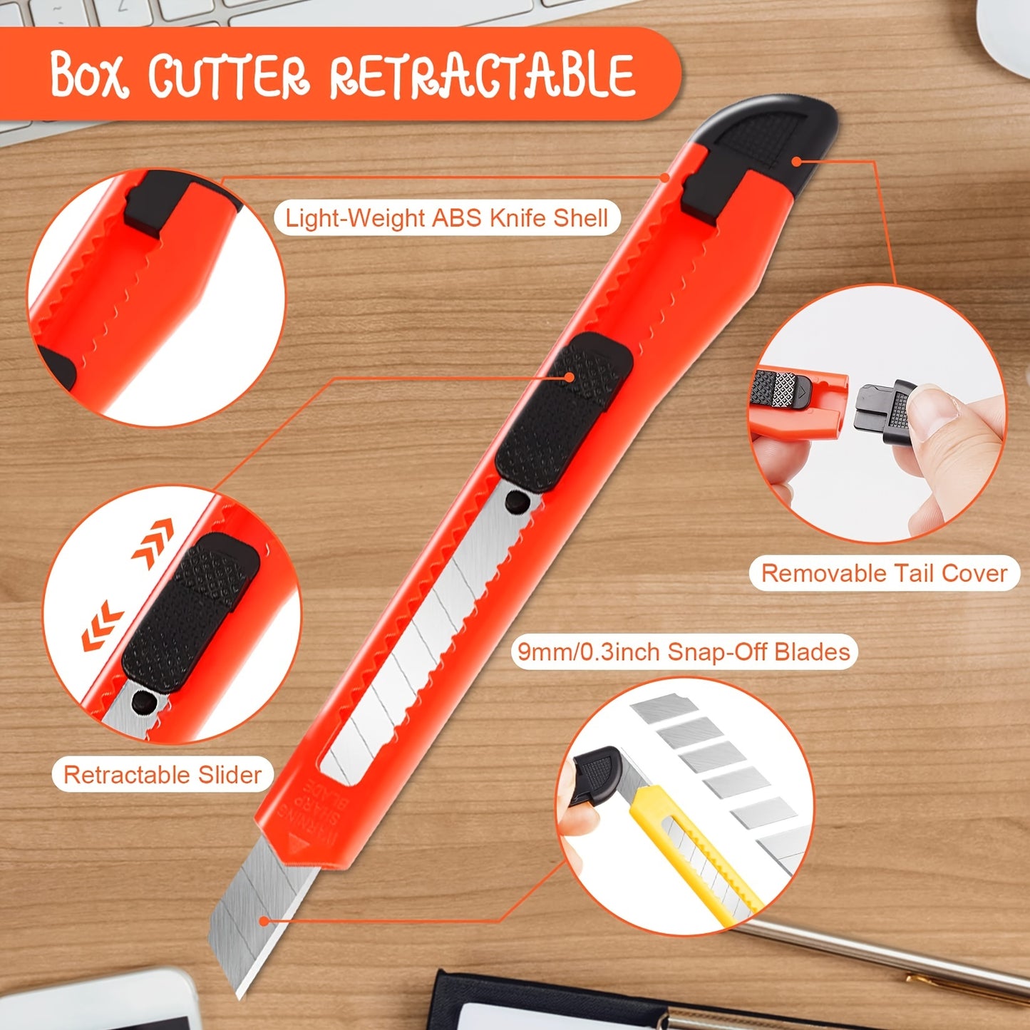 20pcs Retractable Box Cutter with Auto-Lock Design - Disposable Razor Knife for Carton, Cardboard, and Office Use - 9mm Snap-off Blades for Precision Cutting