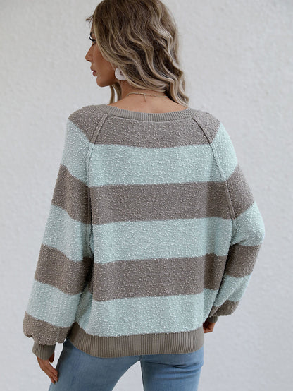 Striped Raglan Sleeve Ribbed Trim Knit Top